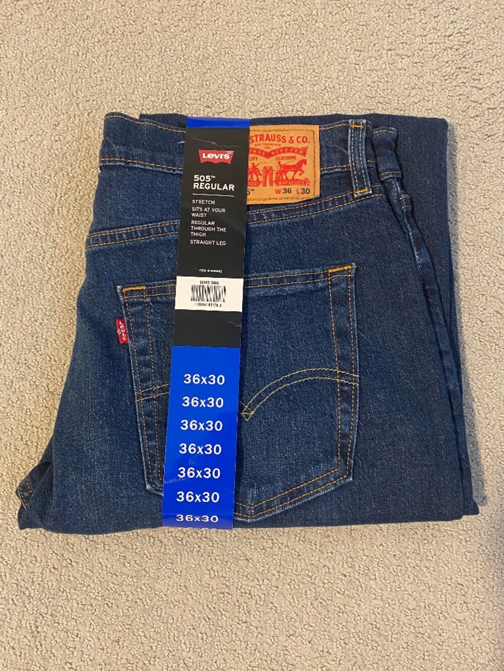 NWT Men's Levis 505 Regular Stretch Straight Denim Blue Jeans, Size 36x30